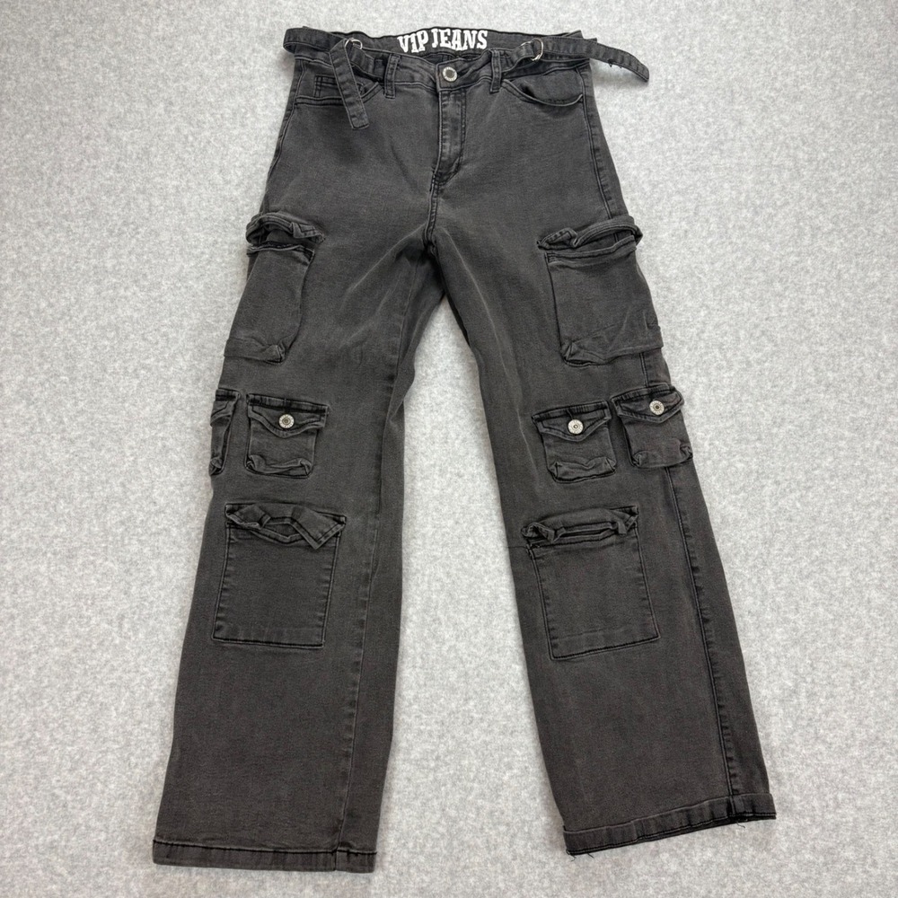 VIP‎ Jeans Cargo Pants Girls 9/10 Gray Black Multi Pocket Wide Leg Goth Grunge